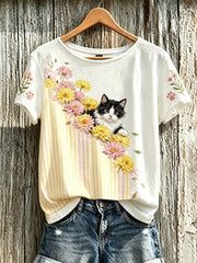 Gedrucktes lässiges Kurzarm-T-Shirt mit niedlichem Katzen-und Blumenmuster für Frauen