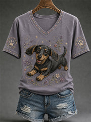 Damen-Retro-T-Shirt mit Hunde-Print und V-Ausschnitt, lässig geschnitten