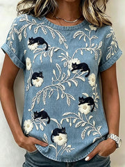Damen-Retro-T-Shirt mit tierischem Kunstdruck, lässig