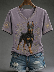 Damen-Retro-T-Shirt mit Hunde-Print und V-Ausschnitt, lässig geschnitten