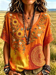 Damen-Retro-Hippie-T-Shirt mit Musterdruck