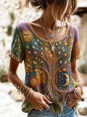 Vikinger-Lebensbaum-Hippie-Kunst-Farbblock-Print Leinen-T-Shirt mit kurzen Ärmeln für Damen