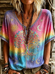 Vikinger Lebensbaum-Hippie-Kunstdruck Damen-T-Shirt aus Leinen, Farbverlauf, Kurzarm