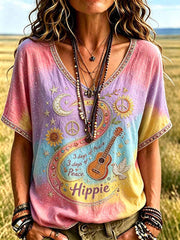 Damen-Retro-Hippie-T-Shirt mit Musterdruck
