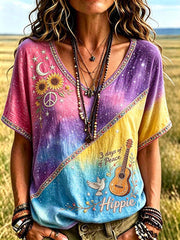 Damen-Retro-Hippie-T-Shirt mit Musterdruck