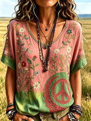 Damen-Retro-Hippie-T-Shirt mit Musterdruck