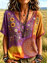 Damen-Retro-Hippie-T-Shirt mit Musterdruck