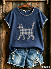 Damen-Mode kariertes T-Shirt mit Katzenmuster
