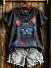 Damenmode T-Shirt mit Sternenhimmel- und Katzenprint