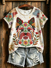 Damen-Romantik-T-Shirt mit Hunde-Print