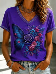 Damen-T-Shirt mit violetter Blumen-Print-Optik und V-Ausschnitt