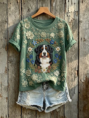 Kurzärmliges T-Shirt mit Blumen-Berner Sennenhund-Print für Damen