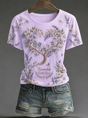 Frauen-T-Shirt mit dem Alzheimer-Motto „Erinnere dich mit Liebe“ und floralem Print – lässiger Style