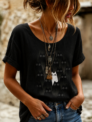 Damen-T-Shirt mit stilvollem Katzenmotiv aus Leinen und kurzen Ärmeln