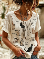Damen-T-Shirt mit stilvollem Katzenmotiv aus Leinen und kurzen Ärmeln