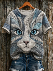 Damen-T-Shirt mit niedlicher Katzen-Print und kurzen Ärmeln