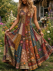 Damenkleid im Retro-Hippie-Stil mit Patchwork-Optik, kunstvoll gespleißt, ärmellos
