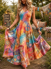 Damen Retro Hippie Patchwork Kunst Spleißen ärmelloses Kleid