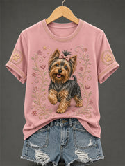 Damen-Retro-T-Shirt mit Blumen- und Hunde-Print, lässig