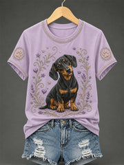Damen-Retro-T-Shirt mit Blumen- und Hunde-Print, lässig
