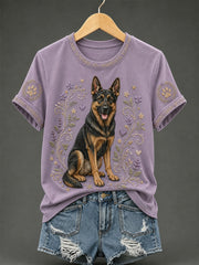 Damen Retro Floral Dog Print Casual T-Shirt