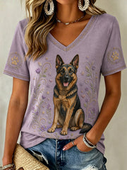 Damen Retro Floral Dog Print lässiges T-Shirt mit V-Ausschnitt