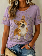 Damen Retro Floral Dog Print Casual T-Shirt