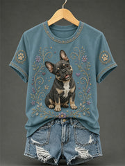 Damen-Retro-T-Shirt mit Blumen- und Hunde-Print, lässig