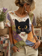 Damen-Kurzarm-T-Shirt mit niedlichen Blumen katzen Patchwork