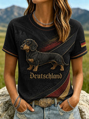 Damen-T-Shirt mit Dackel-Print aus Waffelstoff, kurzärmelig