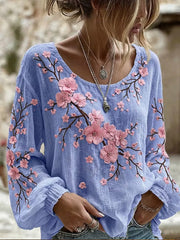 Damen-Retro-Top aus Baumwolle und Leinen mit floraler Kunstprint-Optik, lässig geschnitten