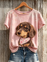 Damen-Fuzzy-T-Shirt mit Dackel-Print und kurzen Ärmeln