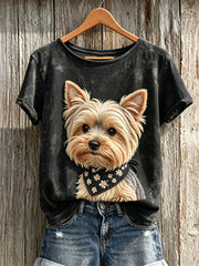Damen-Fuzzy-T-Shirt mit Yorkshire‑Terrier‑Print und kurzen Ärmeln