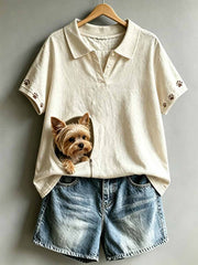 Damen Vintage niedliches Hunde muster bedrucktes Polo-Shirt