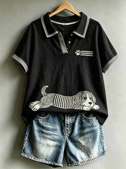 Damen-Vintage-Poloshirt mit niedlichem Hunde-Muster