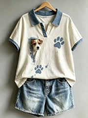 Damen-Vintage-Poloshirt mit niedlichem Hunde-Muster