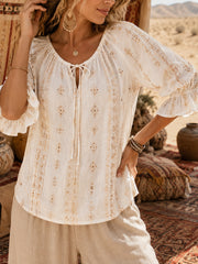 Damen-Top im Bohemian-Stil mit V-Ausschnitt und Baumwoll-Leinen-Optik