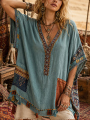 Damen-Top im Bohemian-Stil mit V-Ausschnitt und Baumwoll-Leinen-Optik