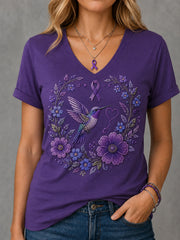 Damen-T-Shirt mit violetter Blumen- und Kolibri-Print-Aufschrift zur Sensibilisierung für Alzheimer, V-Ausschnitt