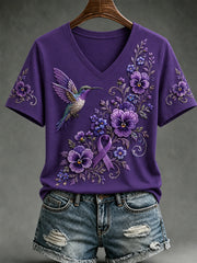 Frauen Lila Blumen-und Kolibri druck Alzheimer-Bewusstseins unterstützung V-Ausschnitt Kurzarm T-Shirt
