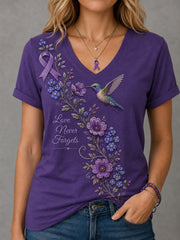 Damen-T-Shirt mit violetter Blumen- und Kolibri-Print-Aufschrift zur Sensibilisierung für Alzheimer, V-Ausschnitt