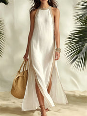Damen Kontrast gestreift Trim Seite Schlitz Flowy Maxi Kleid