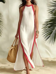 Damen Kontrast gestreift Trim Seite Schlitz Flowy Maxi Kleid