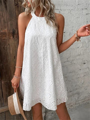 Damen-Mini kleid mit Blumen hohl Spitze ärmel los