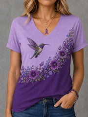 Damen-T-Shirt mit violetter Blumen- und Kolibri-Print-Aufschrift zur Sensibilisierung für Alzheimer, V-Ausschnitt