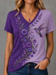 Damen-T-Shirt mit violetter Blumen- und Kolibri-Print-Aufschrift zur Sensibilisierung für Alzheimer, V-Ausschnitt
