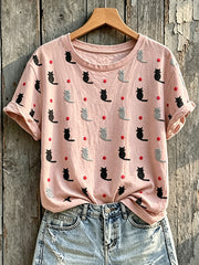 Damen-T-Shirt mit niedlichem Katzen-Print, Rundhalsausschnitt und kurzen Ärmeln