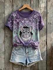 Kurzärmliges T-Shirt mit Blumen-Chinchilla-Kunst druck für Damen