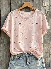 Damen-T-Shirt mit niedlichem Katzen-Gesichtsdruck und kurzen Ärmeln