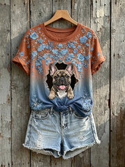Damen-T-Shirt mit schönen Blumen französischer Bulldogge-Kunst druck